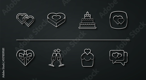 Set line Two Linked Hearts, Candy heart shaped box, Wedding cake, Glass of champagne, speech bubble and icon. Vector