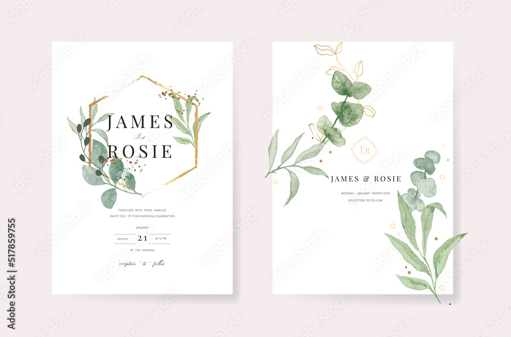 Green Luxury Wedding Invitation, floral invite thank you, rsvp modern card Design in gold flower with  leaf greenery  branches decorative Vector elegant rustic template