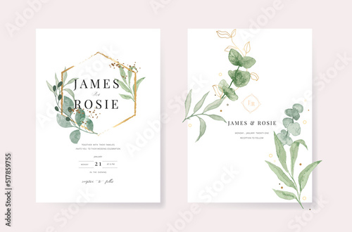 Green Luxury Wedding Invitation  floral invite thank you  rsvp modern card Design in gold flower with  leaf greenery  branches decorative Vector elegant rustic template