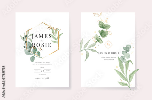 Green Luxury Wedding Invitation, floral invite thank you, rsvp modern card Design in gold flower with  leaf greenery  branches decorative Vector elegant rustic template