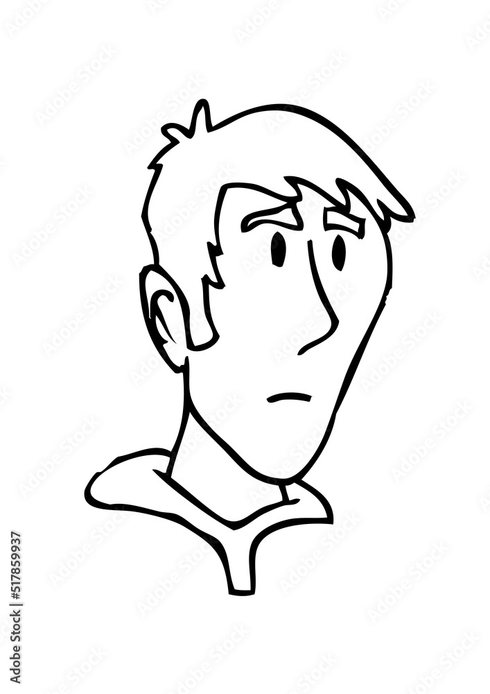 Cute man character face, head avatar. Black and white hand drawn cartoon style vector illustration.