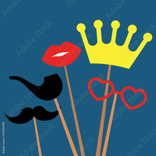 Mustache, lips, smoking pipe, heart-shaped glasses, crown on a stick, photo props, accessories for a photo shoot.