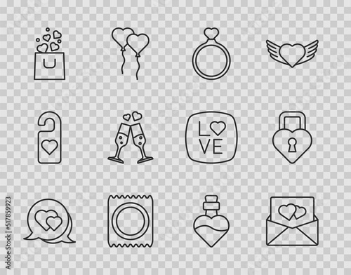 Set line Heart in speech bubble, Envelope with Valentine heart, Wedding rings, Condom package, Shopping bag, Glass of champagne, Bottle love potion and Castle the shape icon. Vector