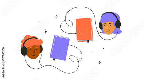 Audio book vector illustration. Young man and woman listen audiobooks. Girl, boy in headphones listening to audiobook. Student, pupil learning online lessons. Books library, education, podcast concept