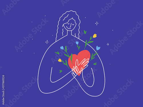Cute woman put her hands holding blooming heart. Female silhouette vector illustration. Big heart with flowers. Love inside. Body care, self hugging. Mental health, charity, kindness, donation concept photo