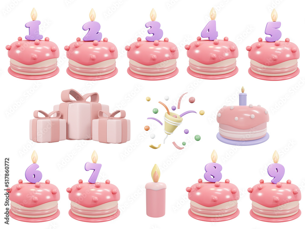 3D rendering of birthday cake with candle number 1 2 3 4 5 6 7 8 9 year old  and gift party popper for party event. 3D render illustration cartoon  style. Illustration Stock