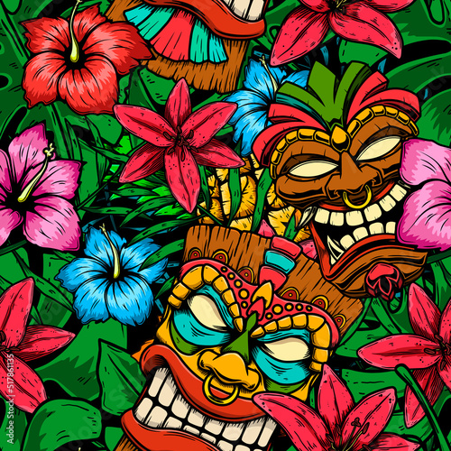 Seamless pattern with tropical flowers, palm leaves, monstera leaves and tiki mask. Vector illustration.
