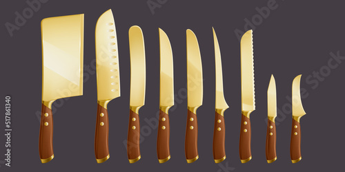 Kitchen knives, chef cutlery for cooking, cutting and carving food. Vector realistic set of 3d knives different types with golden sharp blades and wooden handles isolated on background