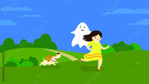 girl and dog run away from a ghost photo