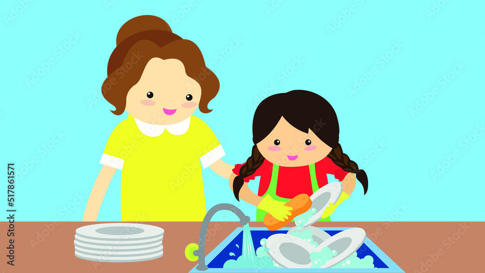 Girl helping her mother wash dishes