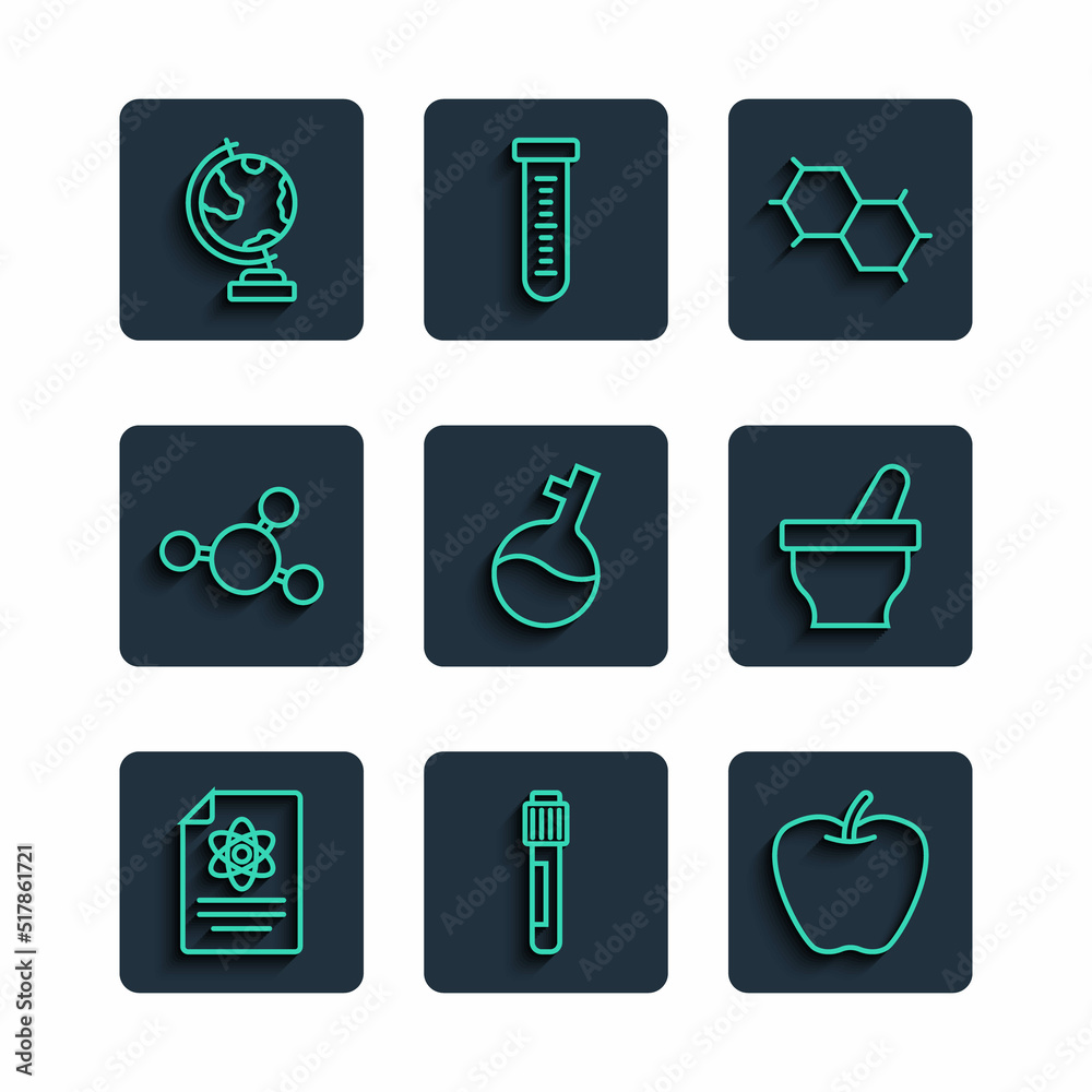Set line Chemistry report, Test tube, Apple, Chemical formula, Molecule, Earth globe and Mortar and pestle icon. Vector Set line Chemistry report, Test tube, Apple, Chemical formula, Molecule, Earth globe and Mortar and pestle icon. Vector