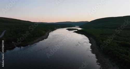 Aerial view of the Teno river, during midnight sun, in Utsjoki, Lapland, Finland photo