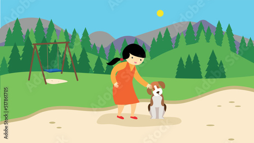 Girl petting a dog in the playground