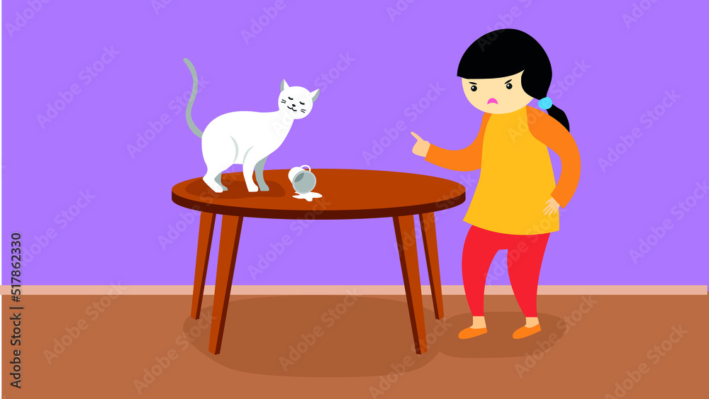 Fototapeta premium Girl scolding a cat for an overturned cup on the table