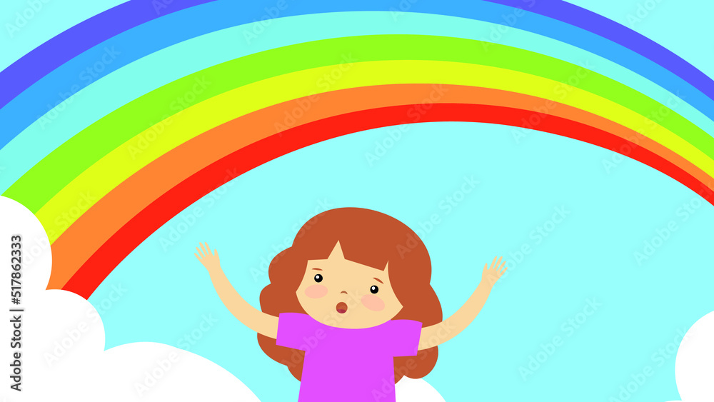 Girl with raised hands rejoices at the rainbow Girl with raised hands rejoices at the rainbow