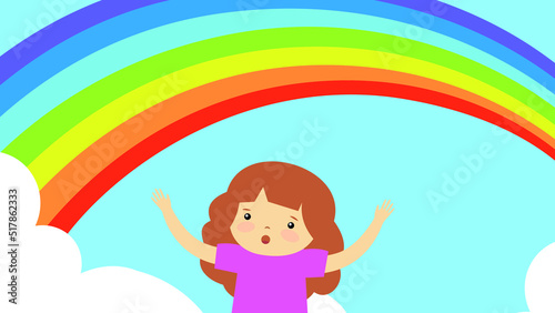 Girl with raised hands rejoices at the rainbow
