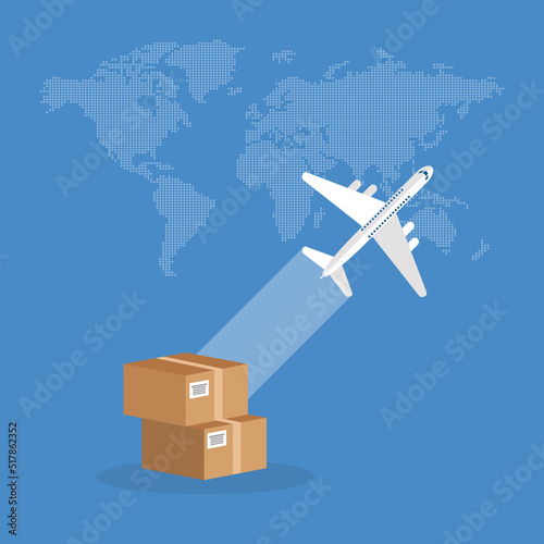 Airplane cargo express logistics delivery, air mail service, airmail global shipping transportation concept. Vector illustration