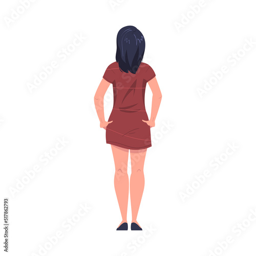 Woman Character with Short Hair Standing with Hands on Hips Back View Vector Illustration