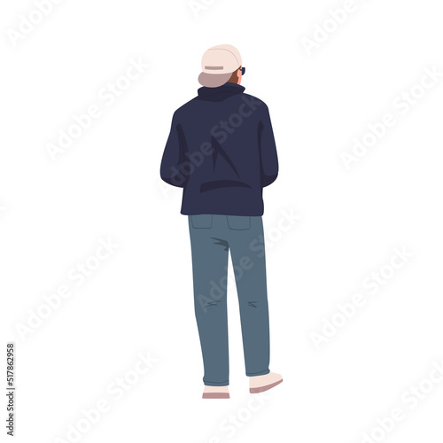 Man Character in Hoody and Cap Standing Back View Vector Illustration