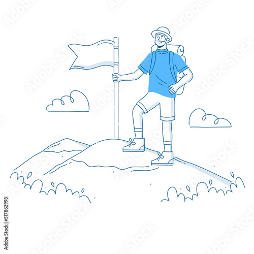 tourist with backpack and climbing to top of mountain and holding the flag
