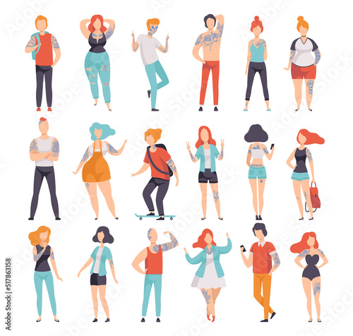 Tattooed or Inked People in Standing Pose and on Skateboard Vector Set