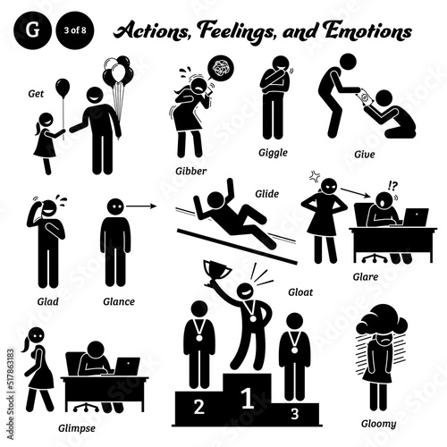 Stick figure human people man action, feelings, and emotions icons alphabet G. Get, gibber, giggle, give, glad, glance, glide, glare, glimpse, gloat, and gloomy.