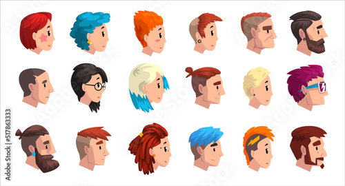 People Head Turned Sideways with Different Hairstyles Vector Big Set