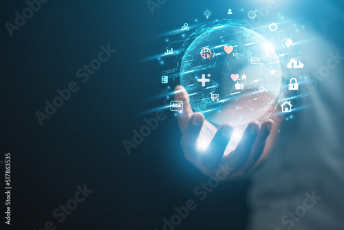 Businessman presenting futuristic business world metaverse graphic. In the form of innovation in digital business processing technology, innovation of the 21st century	