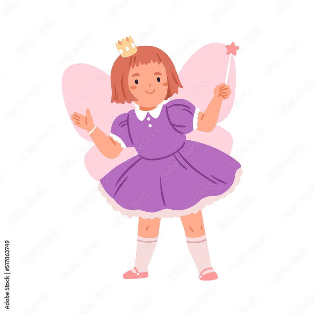 Cute fairy girl disguised in tale princess costume with wings. Happy kid in fantasy dress. Fairytale character with wand stick and crown. Flat vector illustration isolated on white background Cute fairy girl disguised in tale princess costume with wings. Happy kid in fantasy dress. Fairytale character with wand stick and crown. Flat vector illustration isolated on white background