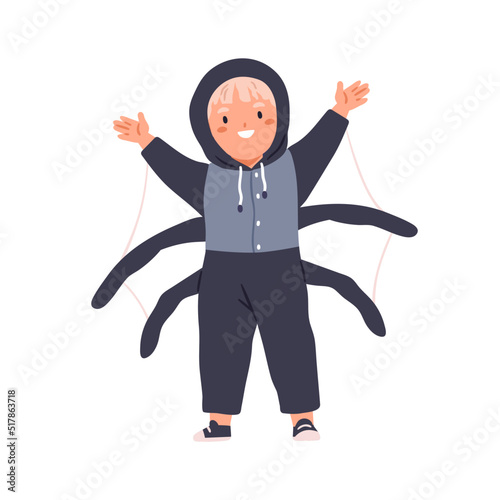 Cute boy kid disguised in spider carnival costume for funny Halloween holiday...