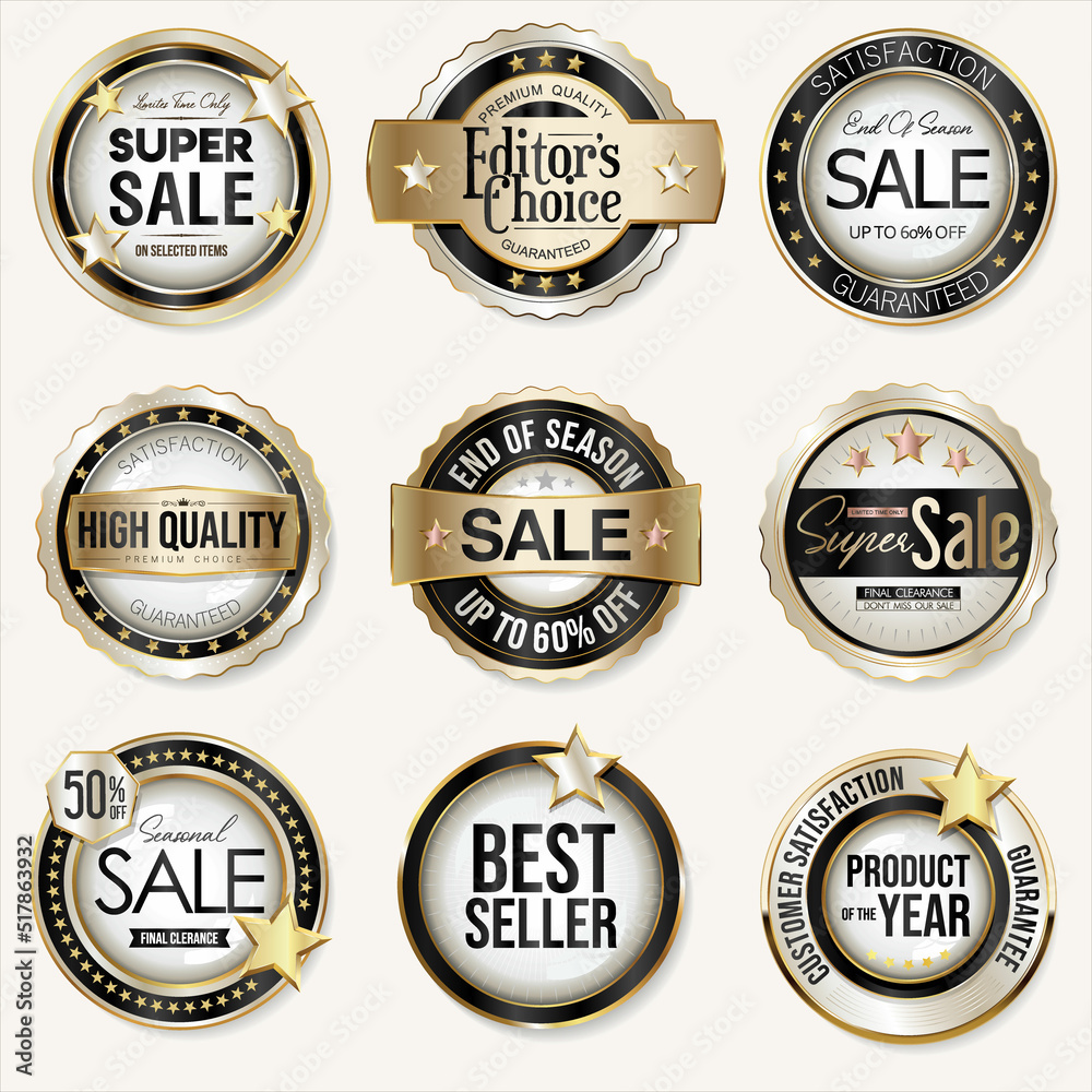 Collection of super sale and customer satisfaction warranty guaranteed gold and black badges