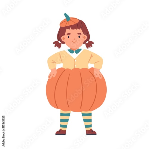 Cute kid disguised in pumpkin costume for Halloween carnival. Happy child in ...
