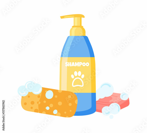 Dog and cat grooming equipment isolated on white background. Shampoo, soap, washcloth for pet coat care. Vector flat cartoon set for wash and clean of domestic animal.