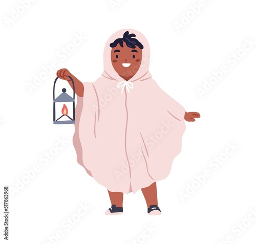Cute black child disguised in carnival costume of ghost, holding lantern. Hap...