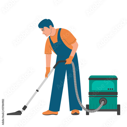 Cleaning service worker with vacuum cleaner vector isolated. Illustration of a character in a uniform doing his work. Cleaning equipment. Concept of housekeeping, hygiene at home.