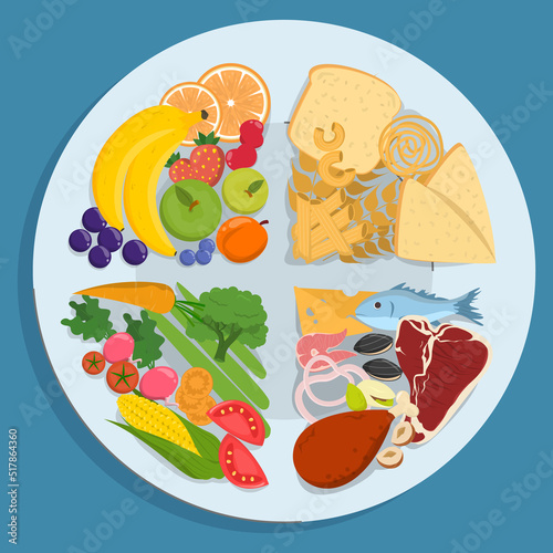 Healthy plate vector isolated. Inforgaphic of a proper diet, healthy nutrition. Balanced, full of protein, fruits and vegetables diet. Educational information