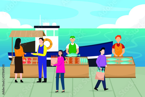 People buying fish from the fish market and fisherman near the port