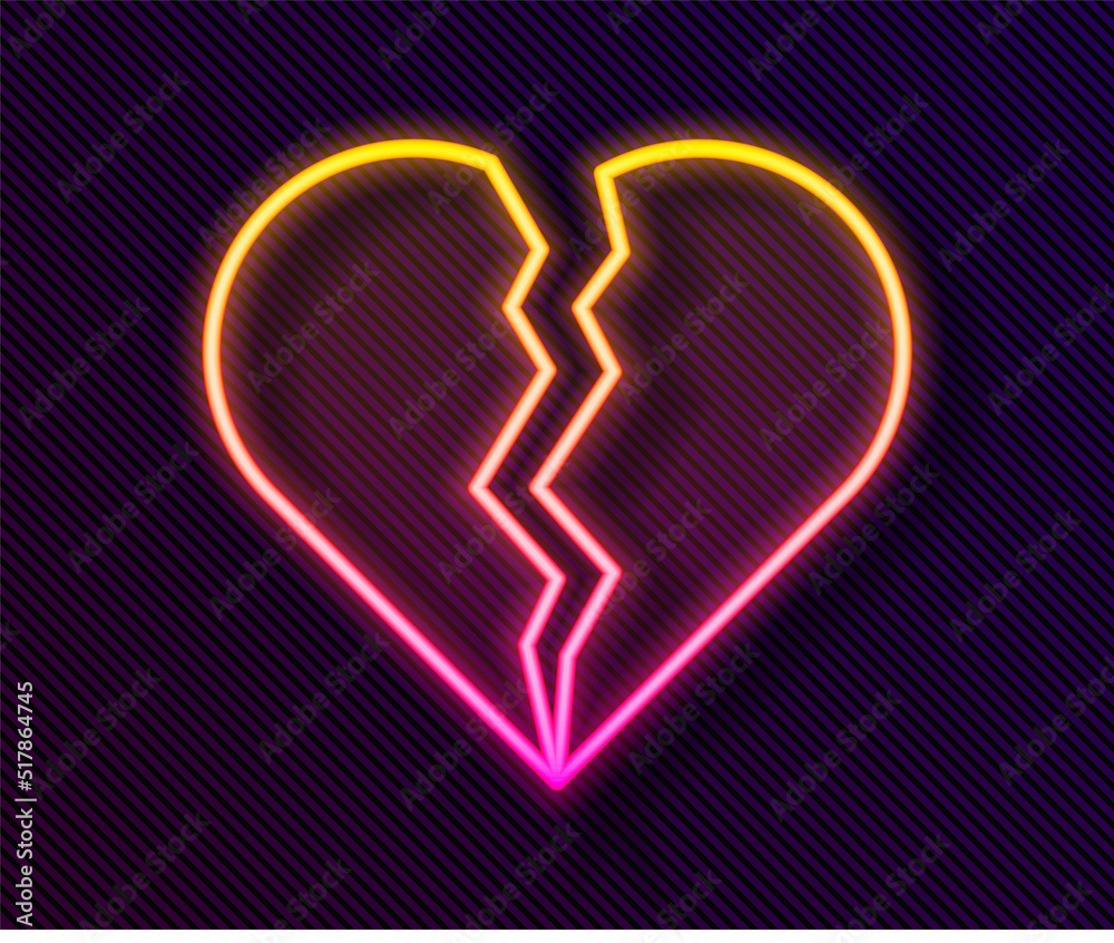 Glowing neon line Broken heart or divorce icon isolated on black background. Love symbol. Happy Valentines day. Vector Glowing neon line Broken heart or divorce icon isolated on black background. Love symbol. Happy Valentines day. Vector