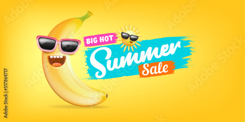 Summer sale funny horizontal banner with cartoon sun and funky banana character isolated on summer orange background. Vector 3d horizontal summer hot sale poster, flyer, banner, tag and background
