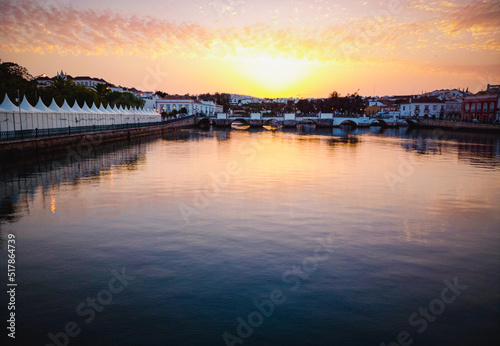 sunset over the river gilão in the Tavira downtown. Algarve