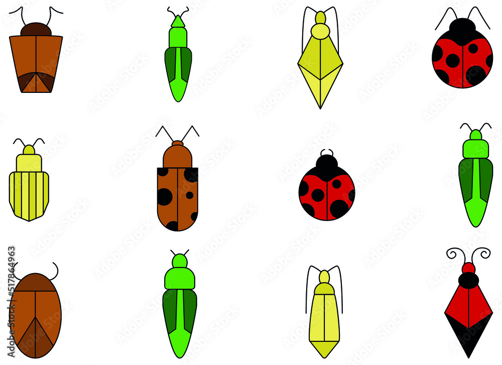 Fototapeta premium Flat Insect bug vector set. Set of black outline silhouettes of bugs vectors. Vector black and white icons of different insects