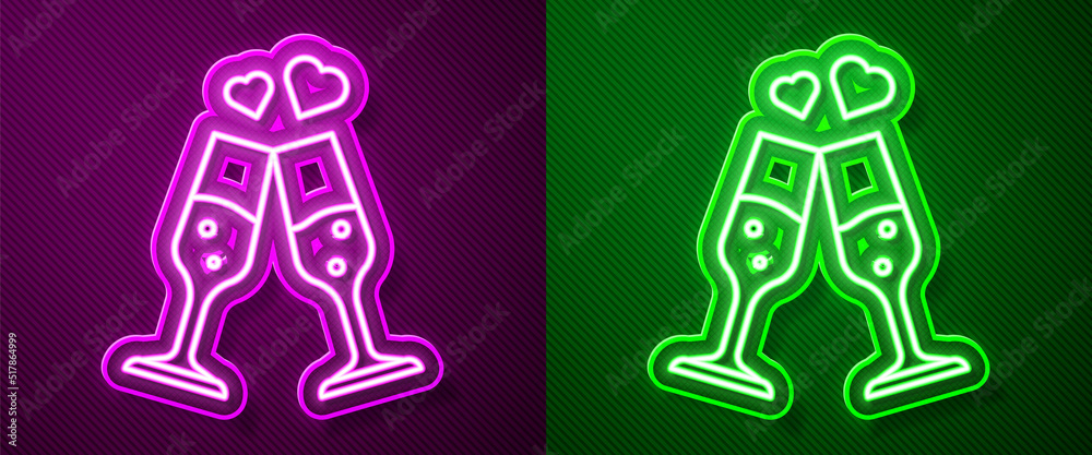 Glowing neon line Glass of champagne icon isolated on purple and green background. Happy Valentines day. Vector Glowing neon line Glass of champagne icon isolated on purple and green background. Happy Valentines day. Vector