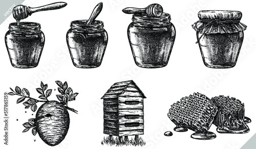 Vintage engrave isolated honey set illustration ink vector sketch