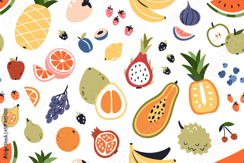 Seamless fruity pattern. Tropical background with summer fruits and berries repeating print. Printable endless texture design with exotic healthy vitamin food. Colored flat graphic vector illustration