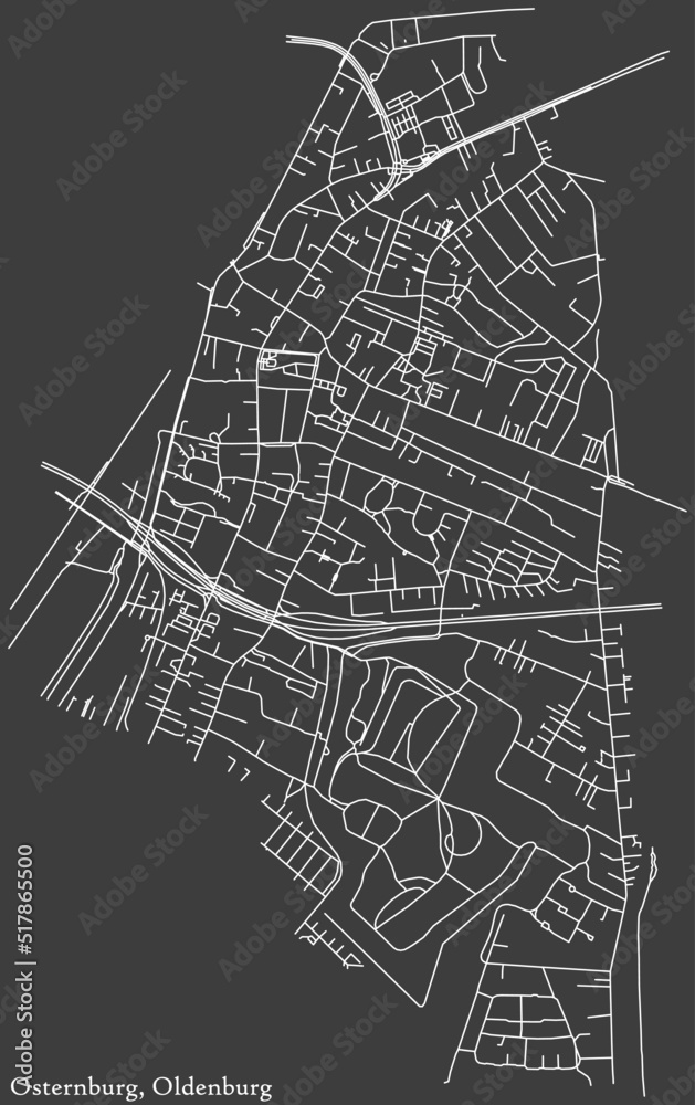 Detailed negative navigation white lines urban street roads map of the OSTERNBURG DISTRICT of the German regional capital city of Oldenburg, Germany on dark gray background
