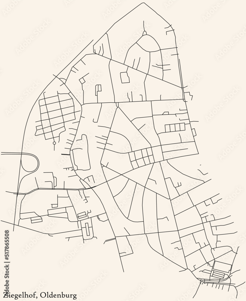 Detailed navigation black lines urban street roads map of the ZIEGELHOF DISTRICT of the German regional capital city of Oldenburg, Germany on vintage beige background