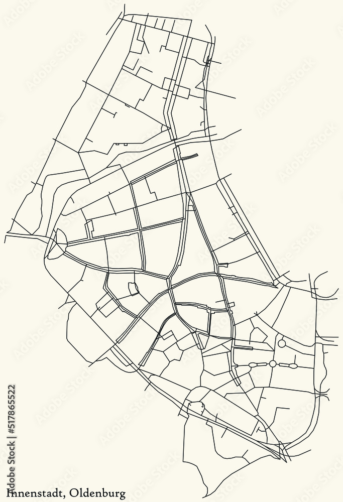 Detailed navigation black lines urban street roads map of the INNENSTADT ZENTRUM DISTRICT of the German regional capital city of Oldenburg, Germany on vintage beige background