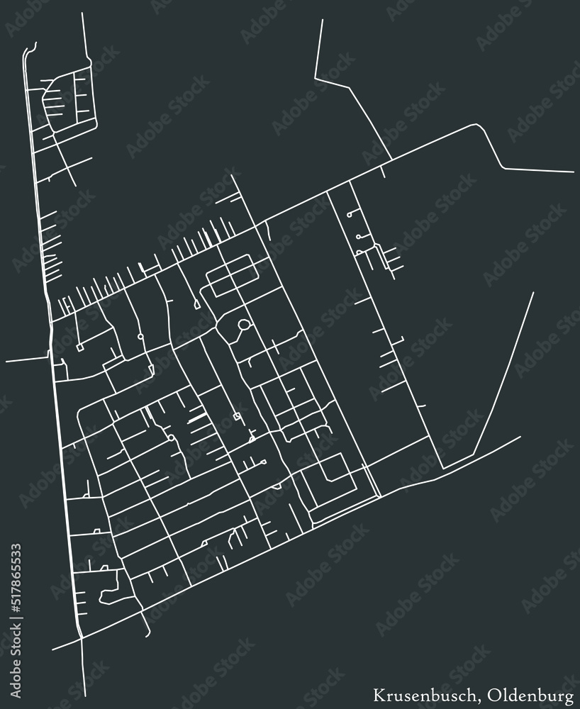 Detailed negative navigation white lines urban street roads map of the KRUSENBUSCH DISTRICT of the German regional capital city of Oldenburg, Germany on dark gray background