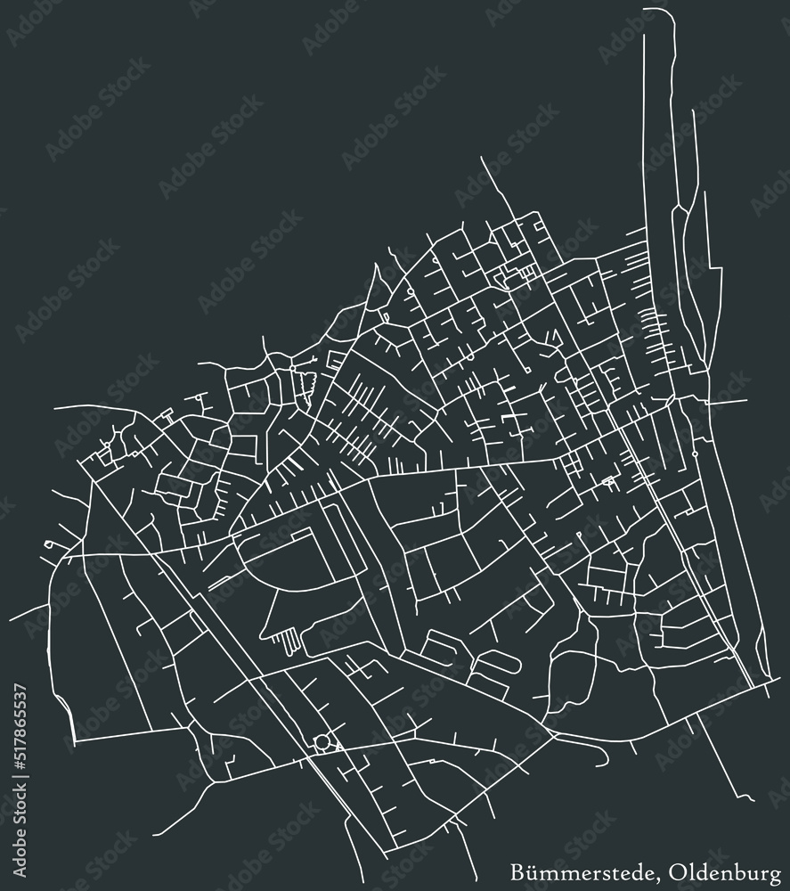 Detailed negative navigation white lines urban street roads map of the BÜMMERSTEDE DISTRICT of the German regional capital city of Oldenburg, Germany on dark gray background
