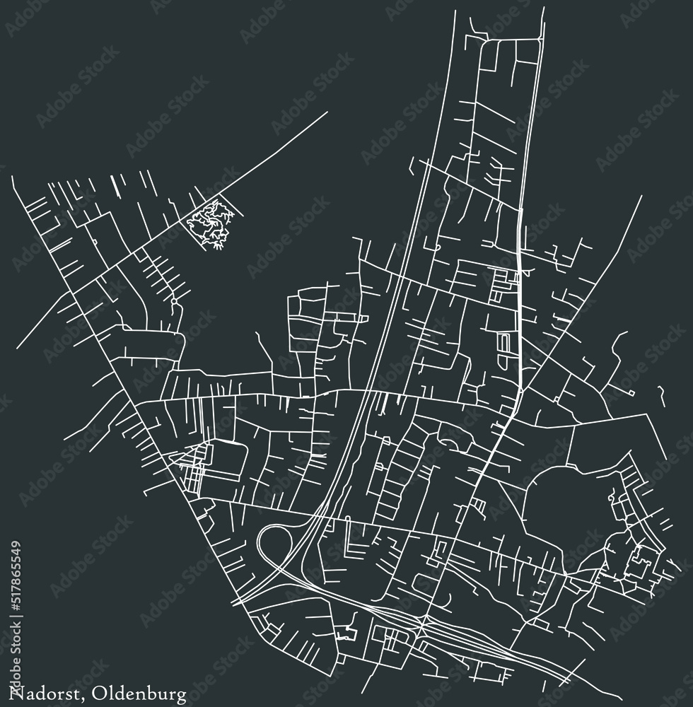 Detailed negative navigation white lines urban street roads map of the NADORST DISTRICT of the German regional capital city of Oldenburg, Germany on dark gray background